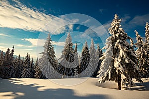 Huge fir trees covered with snow