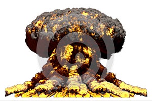 Big blast 3D illustration of detailed fire mushroom cloud explosion with flames and smoke, it looks like atom bomb or any other