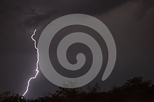 Huge fork lightnings and thunder during heavy summer storm.
