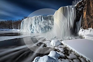 huge frozen waterfall along bank of winter water in ice