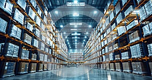 Huge fulfillment center of giant fulfillment center of e-commerce company with hundreds thousands of goods stored on Storage Racks