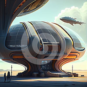 Huge futuristic spaceport on some planet. AI creative illustration