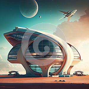 Huge futuristic spaceport on some planet. AI creative illustration