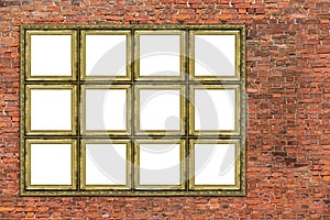 Huge golden frame over old brick wall