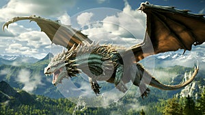 Huge green dragon flying over forest and rocks