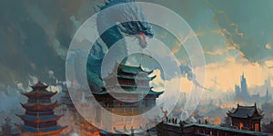 A huge green dragon hovered over the ancient eastern city gate