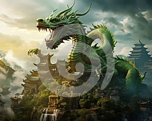 huge green dragon hovered over the ancient eastern city gate.