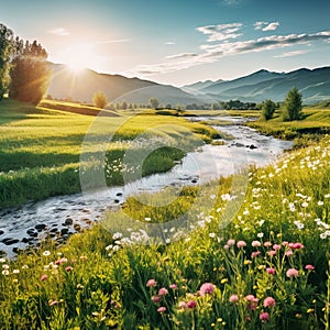 Huge green field with flowers, trees, mountain flowers and a sunset