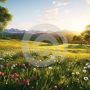 Huge green field with flowers trees mountain flowers and a sunset