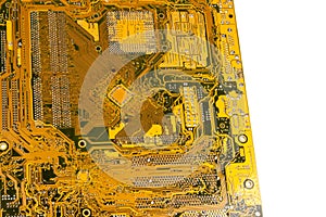 Huge green yellow complex advanced electrical circuit board background texture macro, closeup. Hi tech, technology wallpaper
