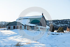 Huge grey and green metal barn with wooden gable seen during an early morning winter