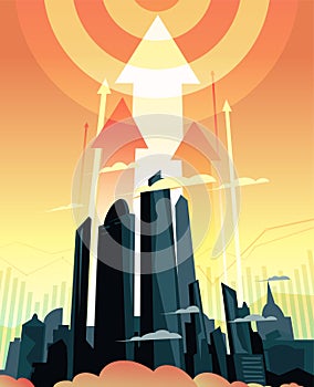Huge growing morning metropolis, cartoon vector illustration with up arrows and target