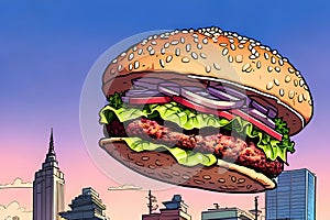 Huge hamburger flying over the city street