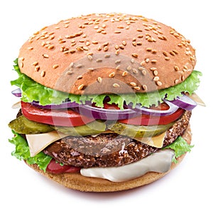 Huge hamburger. Perfect shot of burger`s layers. File contains clipping path