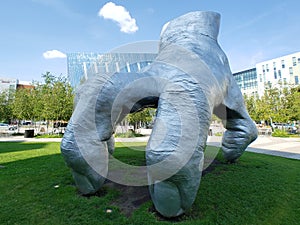 Huge hand sculpture in University Circle uptown district of Cleveland