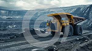 Huge heavy mining dump truck, open pit coal mining, panorama pit coal mining