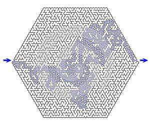 Huge hexagonal labyrinth of high complexity with solution. Black and white complex maze with very high level of