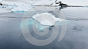 A huge high breakaway glacier is passing by in the southern ocean off the coast of Antarctica, the Antarctic Peninsula