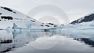 A huge high breakaway glacier is passing by in the southern ocean off the coast of Antarctica, the Antarctic Peninsula