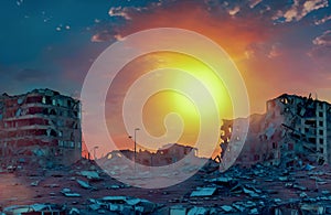A huge hot sunset sun in a cloudy sky over the multi-storey buildings of the ruined city. Generative, Generative AI, AI