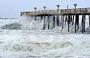 Huge Hurricane Florence Wave Crashing onto an Outer Banks Pier