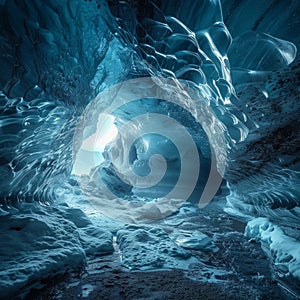A huge ice cave with entrance, ultra wide angle and large scene effect