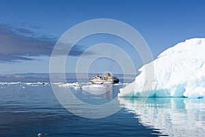 Huge Iceberg, with beautiful reflection in Arctic Ocean and small Cruise Ship, Greenland