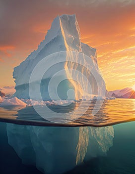 Huge iceberg floating in the arctic sea with a big ice chunk underwater lit by the warm sunset light. Climate change and global