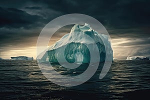 huge iceberg floating in the ocean, dark clouds in the sky, uplight scene, generative ai