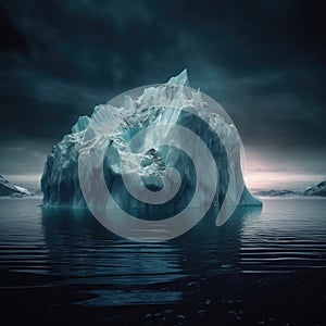 huge iceberg floating in the ocean, dark clouds in the sky, uplight scene, generative ai