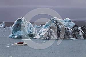 Huge iceberg and resque boat in Iceland Jokulsarlon