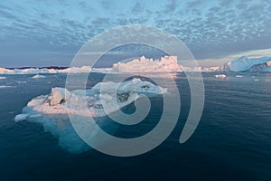 Huge icebergs of different forms in the Disko Bay, West Greenland. Their source is by the Jakobshavn glacier. Greenland