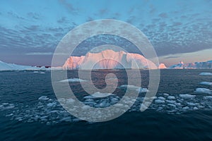 Huge icebergs of different forms in the Disko Bay, West Greenland. Their source is by the Jakobshavn glacier. Greenland