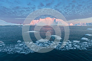 Huge icebergs of different forms in the Disko Bay, West Greenland. Their source is by the Jakobshavn glacier. Greenland