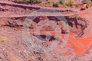 Huge iron ore quarry with working dump trucks and excavators in Kryvyi Rih, Ukraine