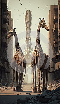 Huge jirafas walking through a destroyed city. Unreal image. Generative AI