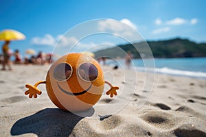 Huge joyful yellow smiley on the beach of a tropical island. Generative AI