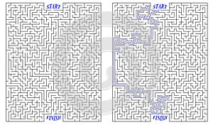 Huge labyrinth of high complexity with solution. Black and white complex maze with very high level of difficulty. Nice