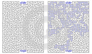 Huge labyrinth of high complexity with solution. Black and white complex maze with very high level of difficulty. Nice