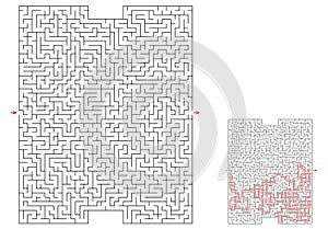 Huge labyrinth of high complexity with solution. Black and white complex maze with very high level of difficulty. Nice