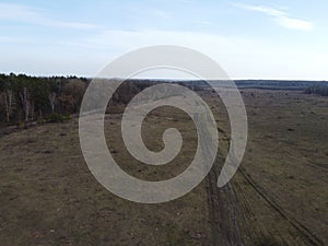 Huge lifeless wasteland, top view. Edge of a leafless spring forest. Landscape