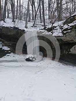 Huge long icicles hanging from rocks on January 7 2018 in western Indiana