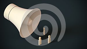 Huge loudspeaker loomed over tiny figures of wooden men. 3D rendering. photo