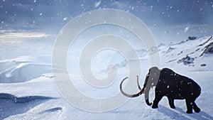 A huge mammoth is walking along a snow-covered glacier. Huge high glaciers in winter natural conditions. Arctic winter