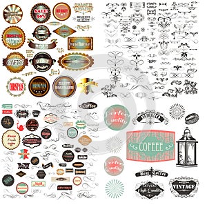Huge mega vector collection or set of vintage flourishes, calligraphic elements and labes with badges for design