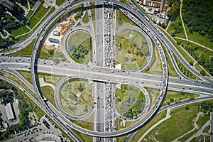 Huge metropolis intersection with clover exits, overpasses and highways