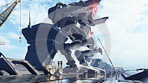 A huge military robot on a futuristic military training ground. An apocalyptic view of the technology of the future. 3D