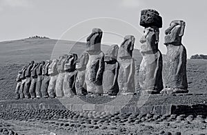 Huge Moai Statues at Ahu Tongariki Ceremonial Platform on Easter Island of Chile in Monochrome