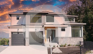 New Designer Expensive Modern Suburban Residential Maison Large Home House Sunset Sky Chilliwack Canada