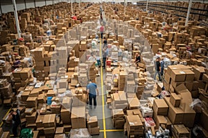 A huge number of boxes at the sorting center storehouse. Creating an organized chaos of packages waiting to be dispatched.